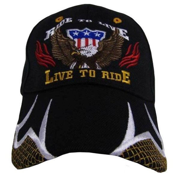 Ride To Live Live To Ride Patriotic USA Eagle Black Ball Cap Hat